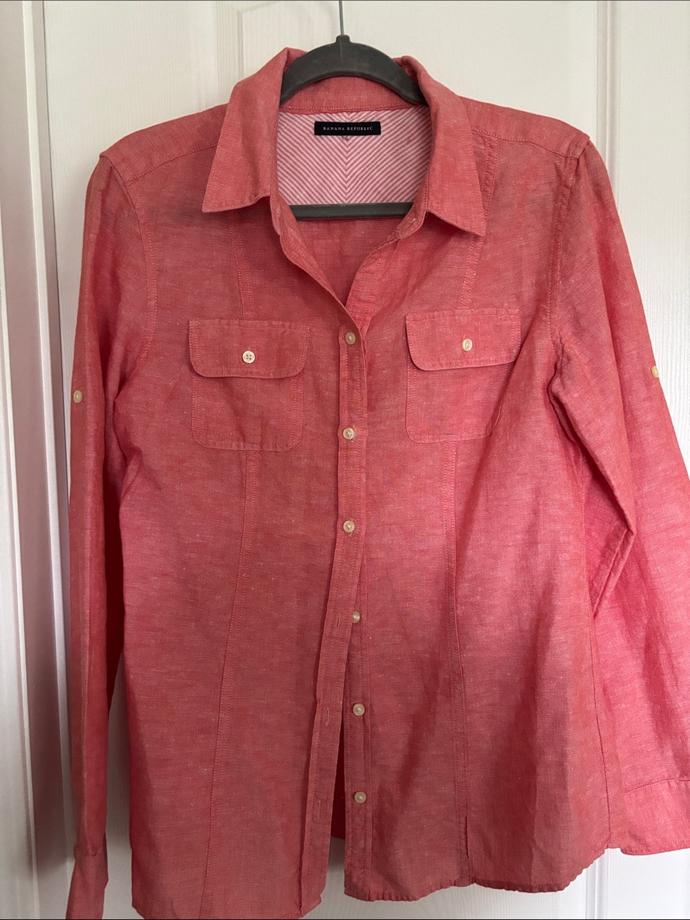 Women’s  Long-Sleeve Button-Up Shirt in Coral Red
